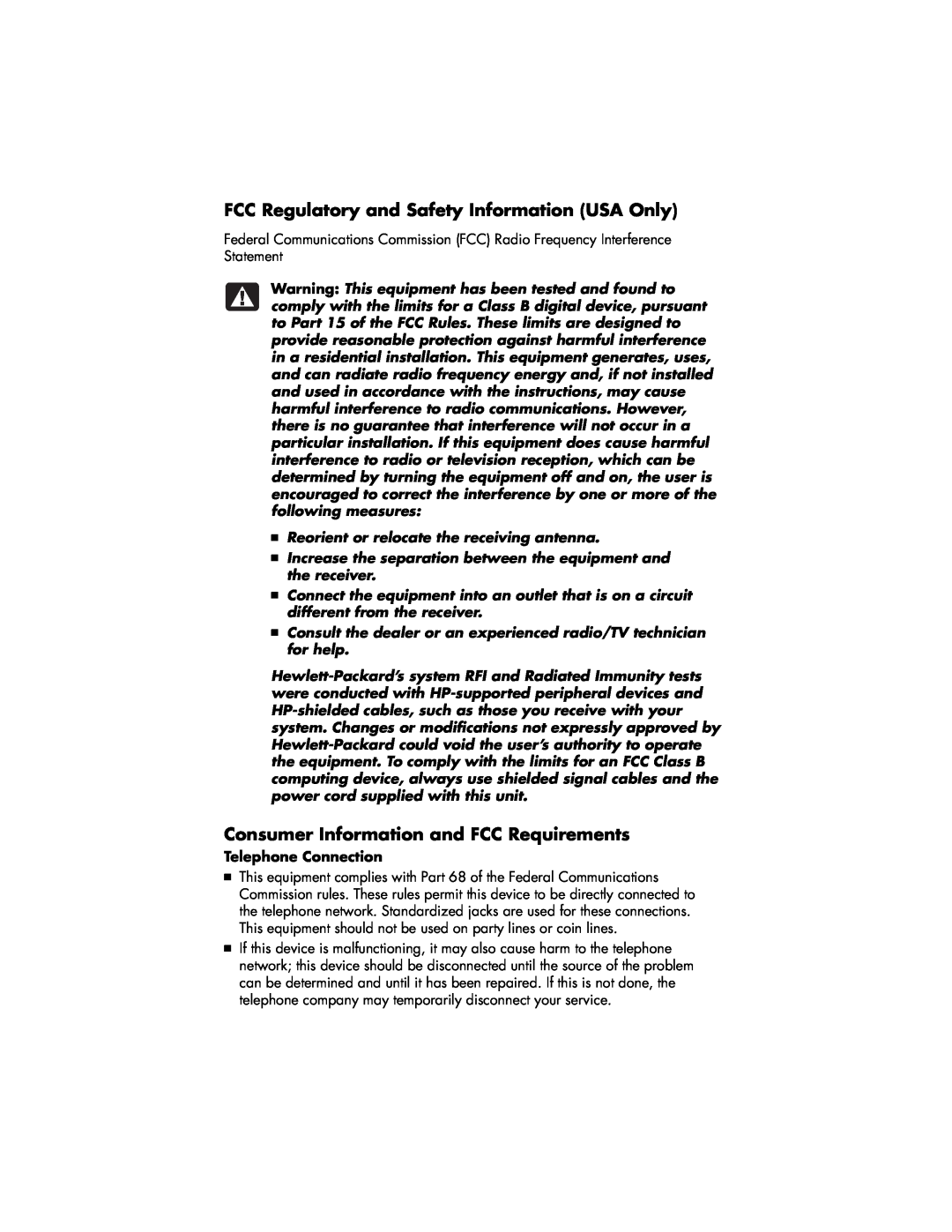HP 545x (US/CAN), 735n (US/CAN) FCC Regulatory and Safety Information USA Only, Consumer Information and FCC Requirements 