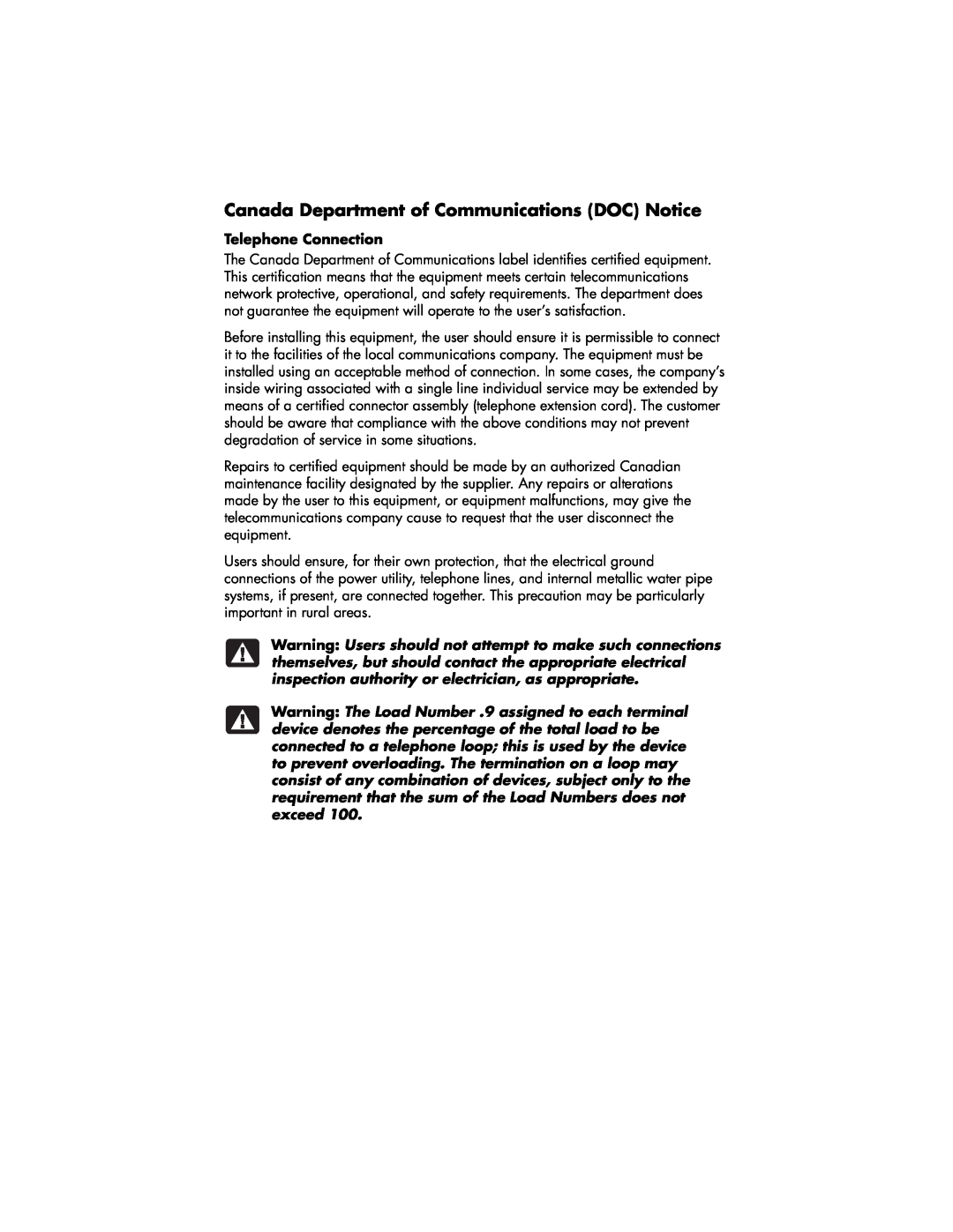 HP 525w (US/CAN), 735n (US/CAN), 725n (US/CAN) manual Canada Department of Communications DOC Notice, Telephone Connection 