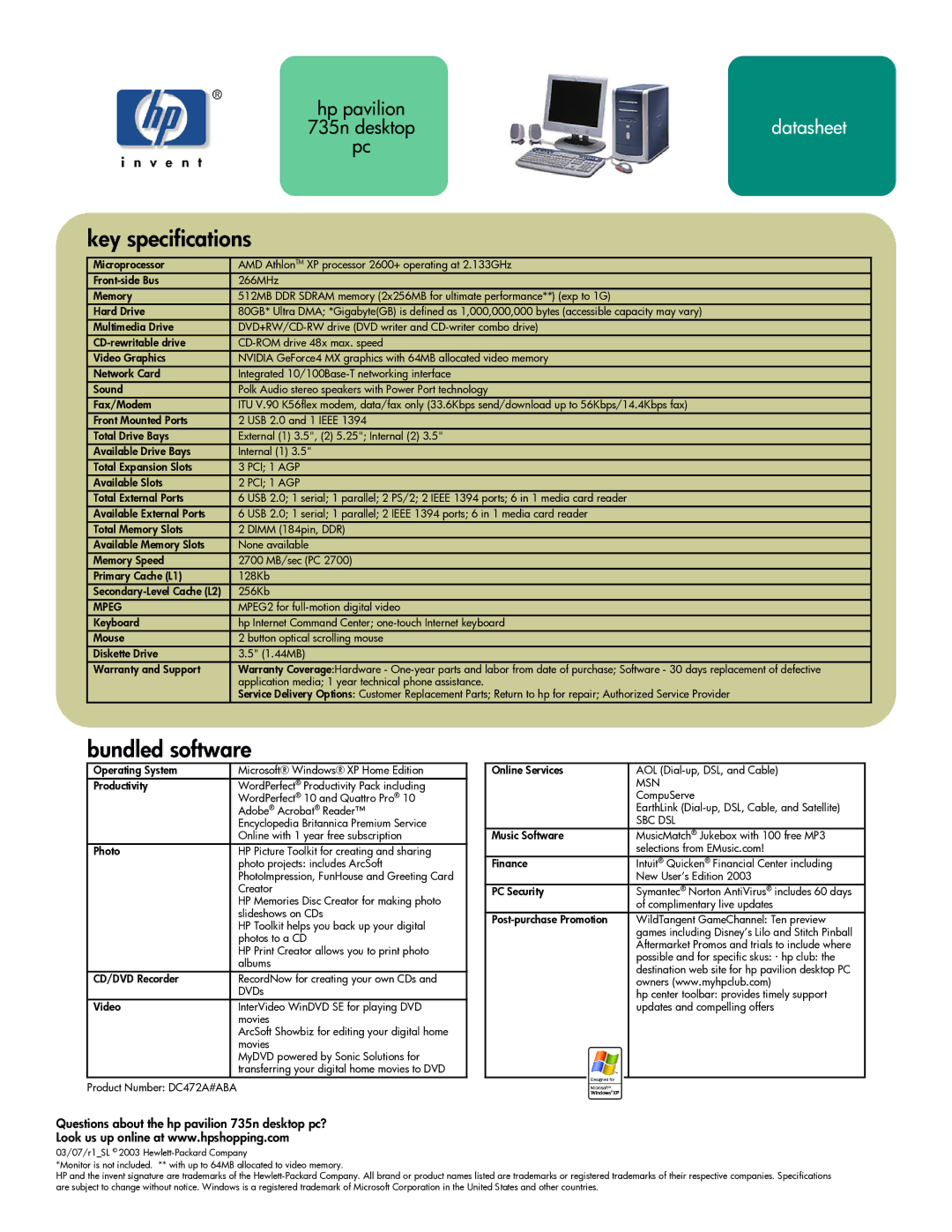 HP 735n (US/CAN) manual Key specifications, Bundled software, Questions about the hp pavilion 735n desktop pc? 