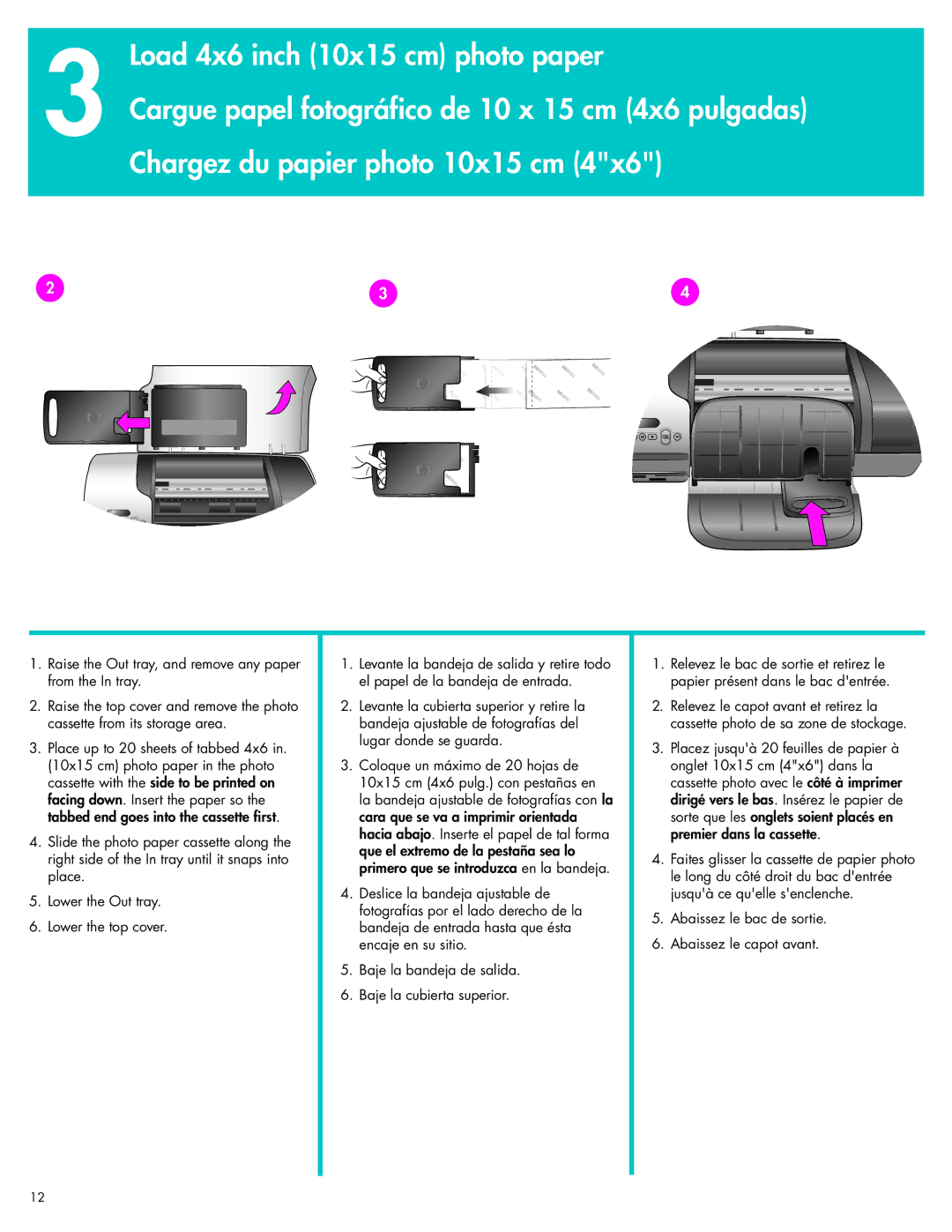 HP 7400 manual Abaissez le bac de sortie Abaissez le capot avant 