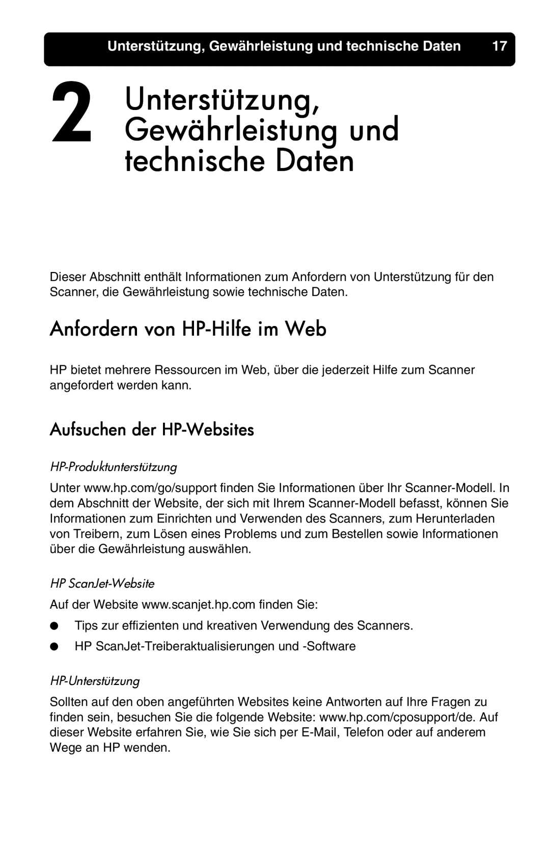 HP 7400c manual Anfordern von HP-Hilfe im Web, Aufsuchen der HP-Websites, HP-Produktunterstützung HP ScanJet-Website 