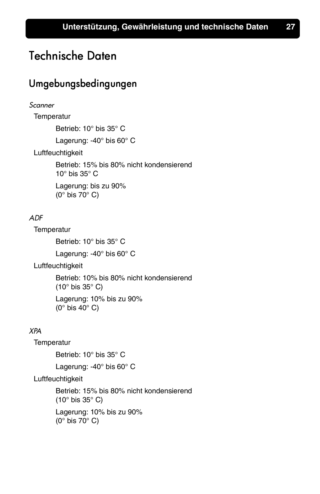 HP 7400c manual Technische Daten, Umgebungsbedingungen, Scanner 