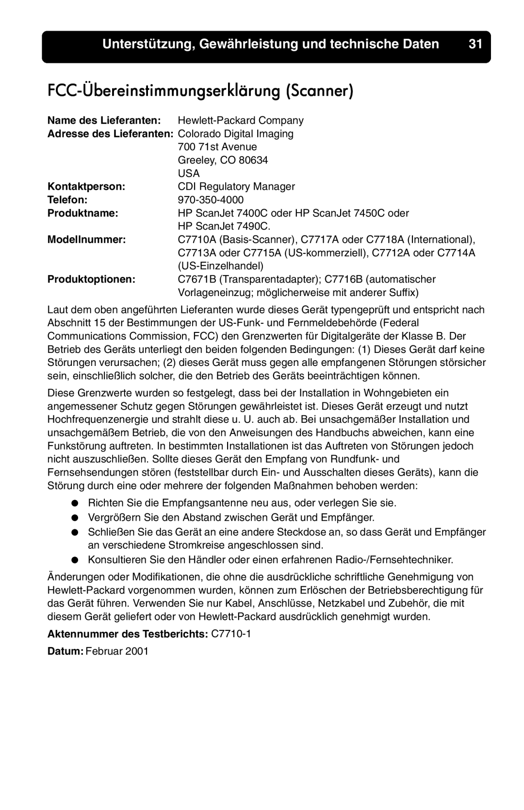 HP 7400c manual FCC-Übereinstimmungserklärung Scanner, Modellnummer 