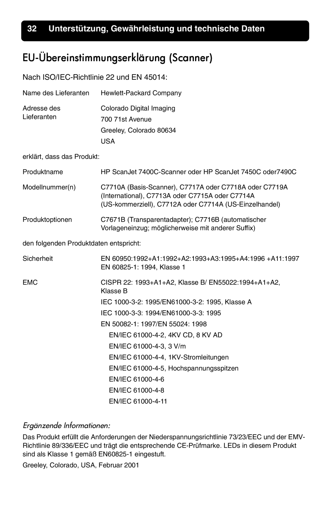 HP 7400c manual EU-Übereinstimmungserklärung Scanner, Ergänzende Informationen 