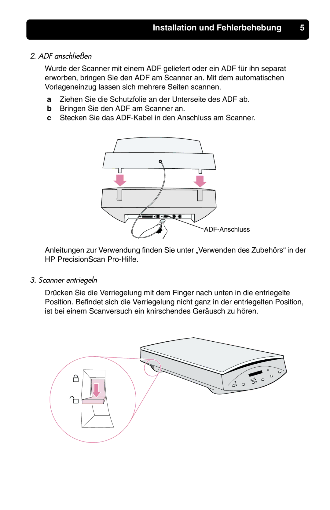 HP 7400c manual ADF anschließen, Scanner entriegeln 