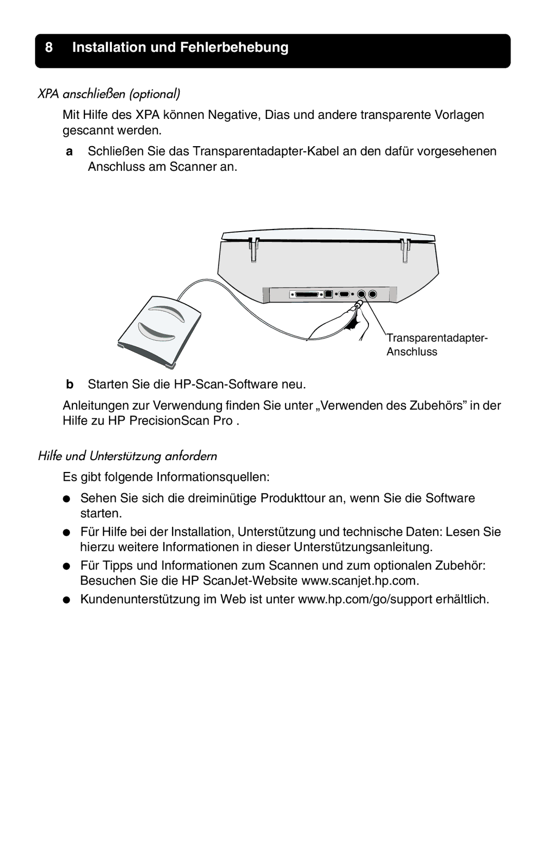 HP 7400c manual XPA anschließen optional, Hilfe und Unterstützung anfordern 