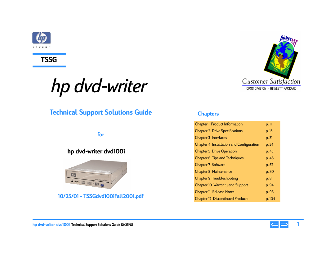HP 732c (US) manual 10/25/01 - TSSGdvd100iFall2001.pdf, Chapters, hp dvd-writer, Tssg, Technical Support Solutions Guide 
