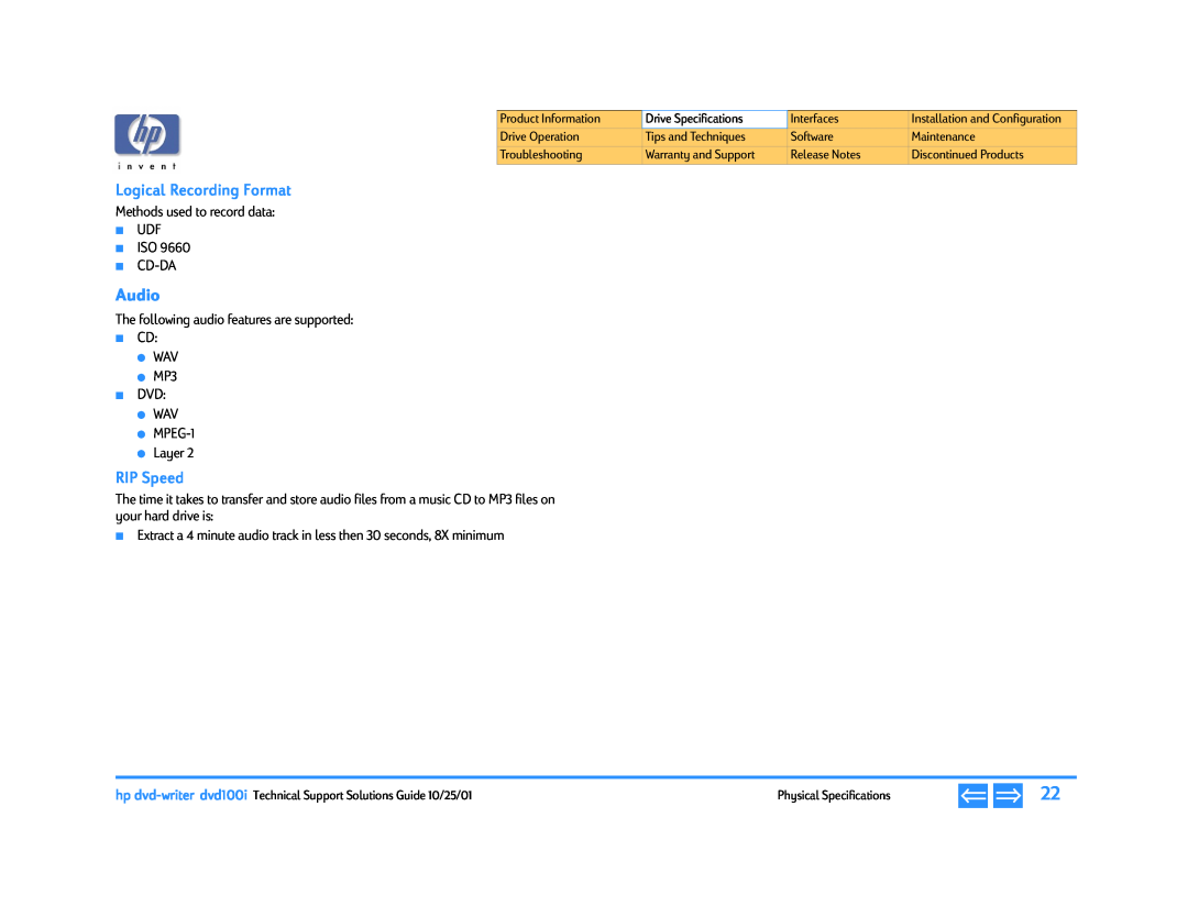 HP 792.se, 740n (US), 732c (US), 790k (LA), 790t (LA), 752m (LA), 772n (US/CAN) manual Audio, Logical Recording Format, RIP Speed 