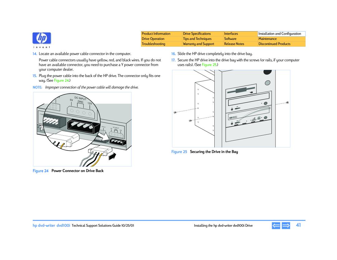 HP 732c (US), 740n (US) NOTE Improper connection of the power cable will damage the drive, Securing the Drive in the Bay 