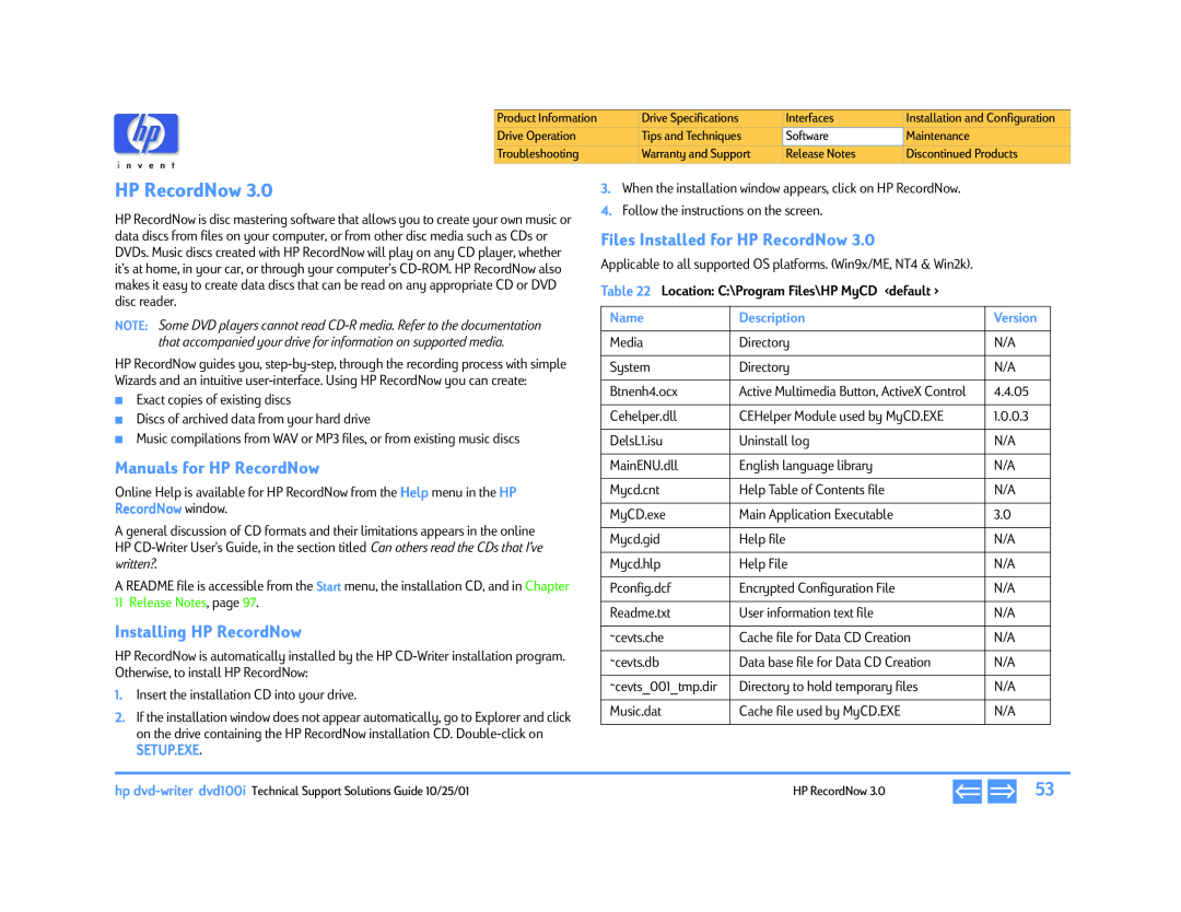 HP 790k (LA) manual Manuals for HP RecordNow, Installing HP RecordNow, Files Installed for HP RecordNow, Name, Version 