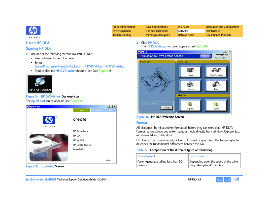 HP 990c (US) manual Using HP DLA, Starting HP DLA, Format, Click HP DLA, HP DVD-Writer Desktop Icon, HP DLA Welcome Screen 