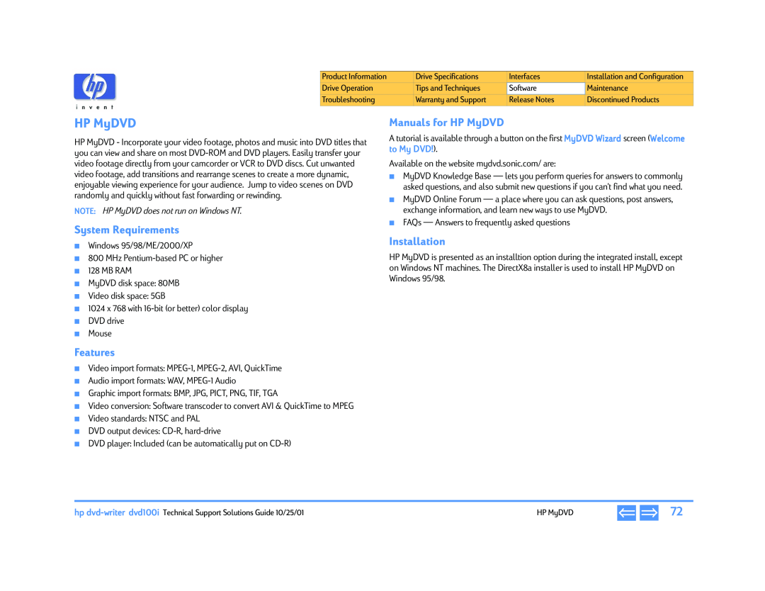 HP 792.se System Requirements, Features, Manuals for HP MyDVD, Installation, NOTE HP MyDVD does not run on Windows NT 