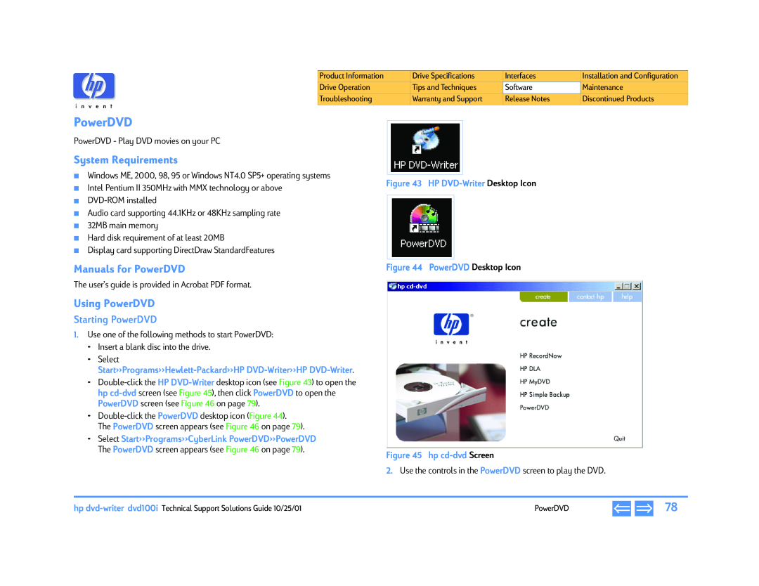 HP 990c (US) Manuals for PowerDVD, Using PowerDVD, Starting PowerDVD, HP DVD-Writer Desktop Icon, hp cd-dvd Screen 