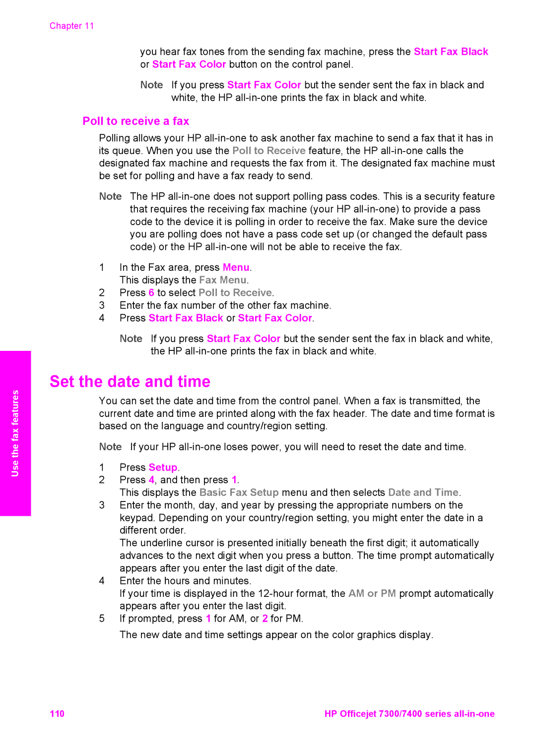 HP 7410xi, 7310xi manual Set the date and time, Poll to receive a fax 