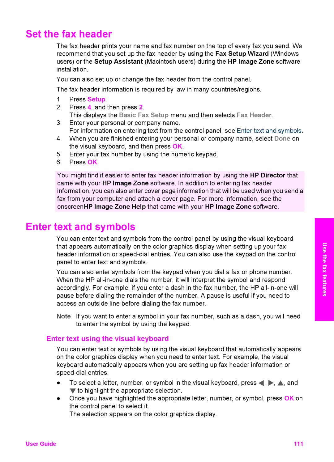 HP 7310xi, 7410xi manual Set the fax header, Enter text and symbols, Enter text using the visual keyboard 