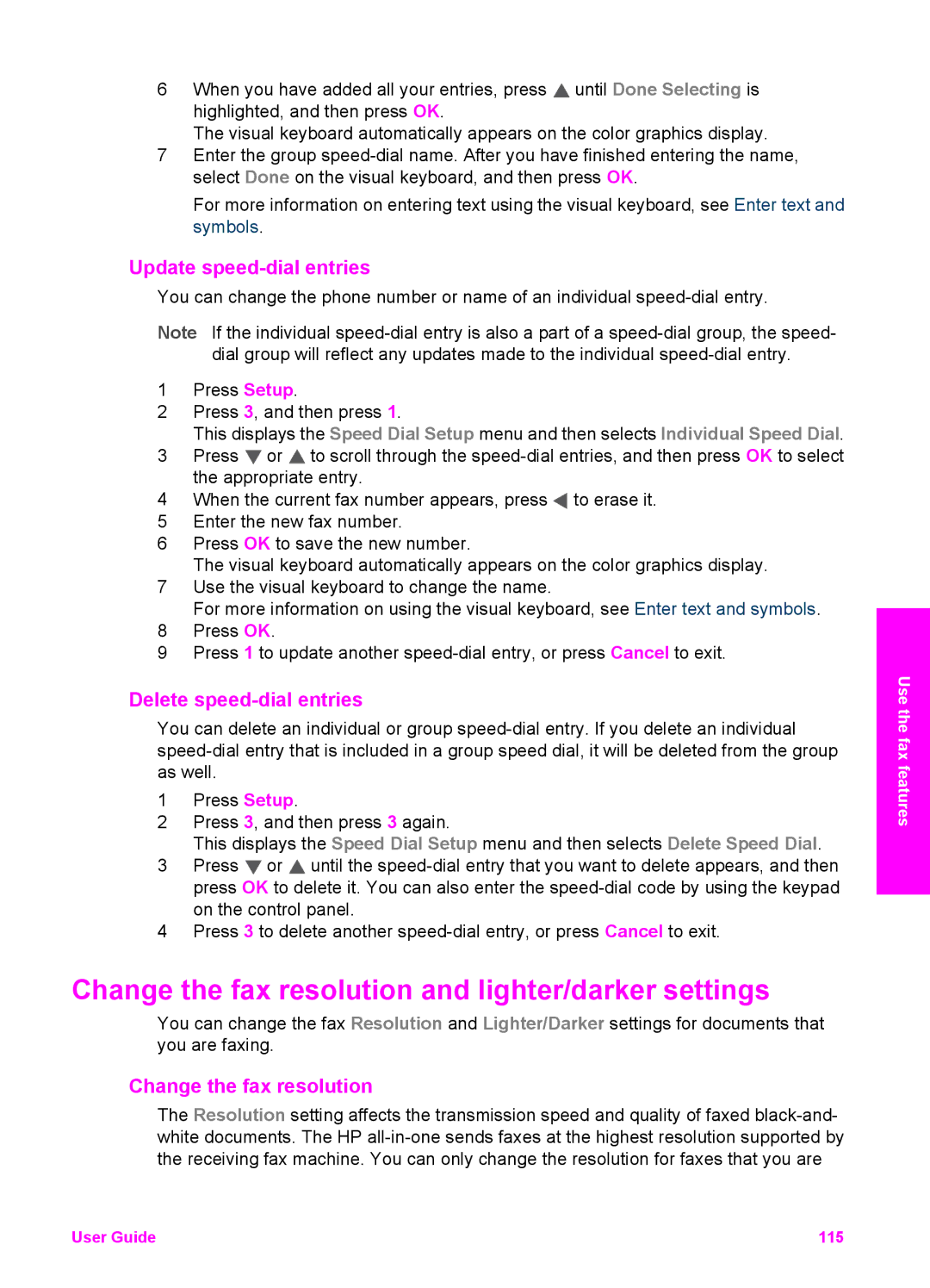 HP 7310xi Change the fax resolution and lighter/darker settings, Update speed-dial entries, Delete speed-dial entries 