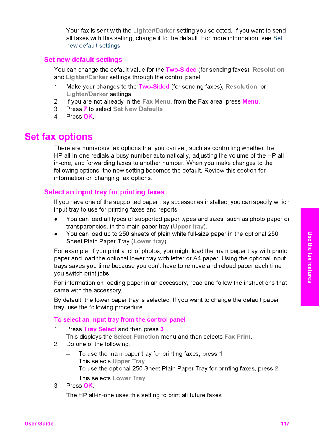 HP 7410xi, 7310xi manual Set fax options, Set new default settings, Select an input tray for printing faxes 