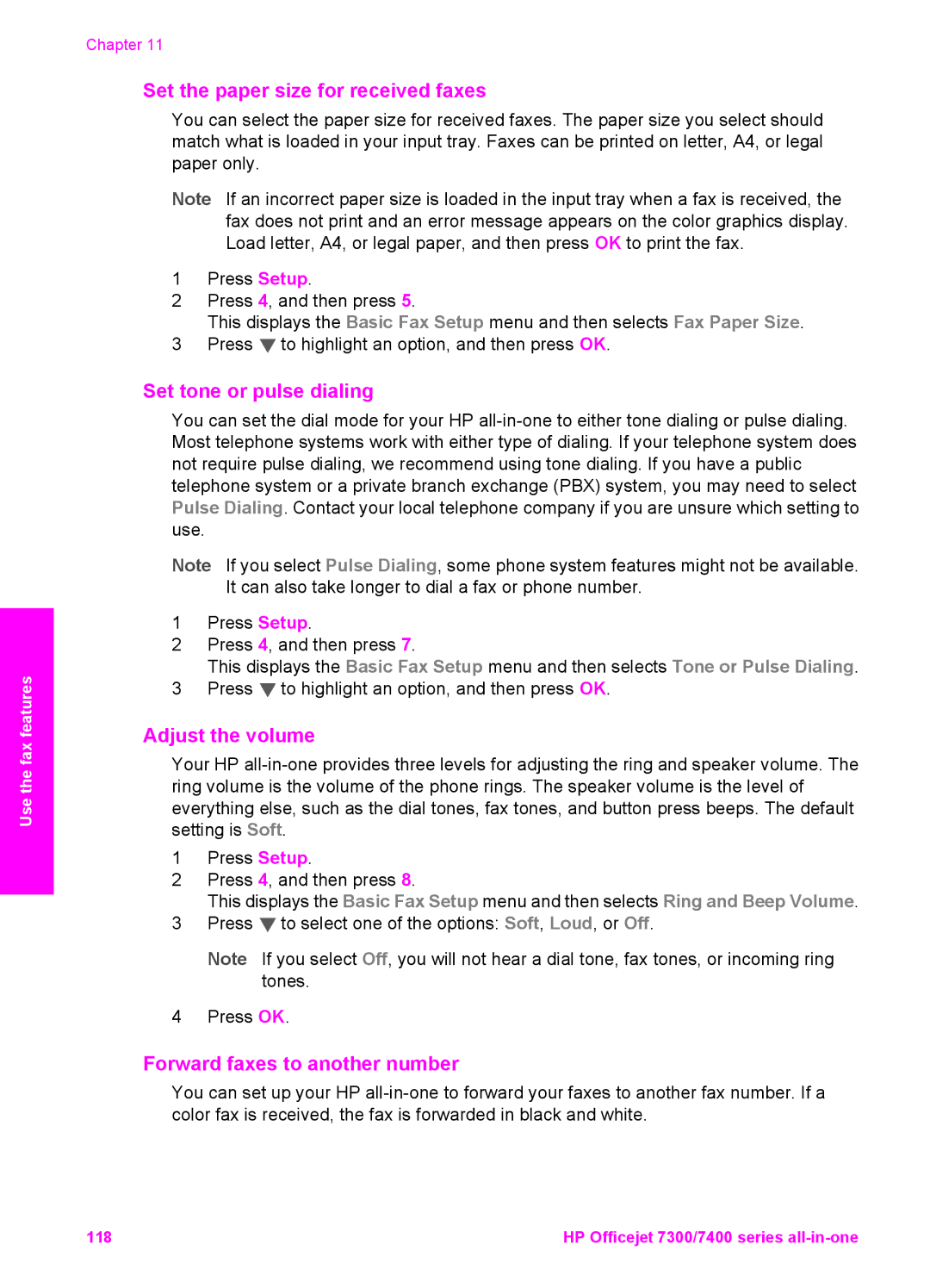 HP 7410xi, 7310xi manual Set the paper size for received faxes, Set tone or pulse dialing, Adjust the volume 