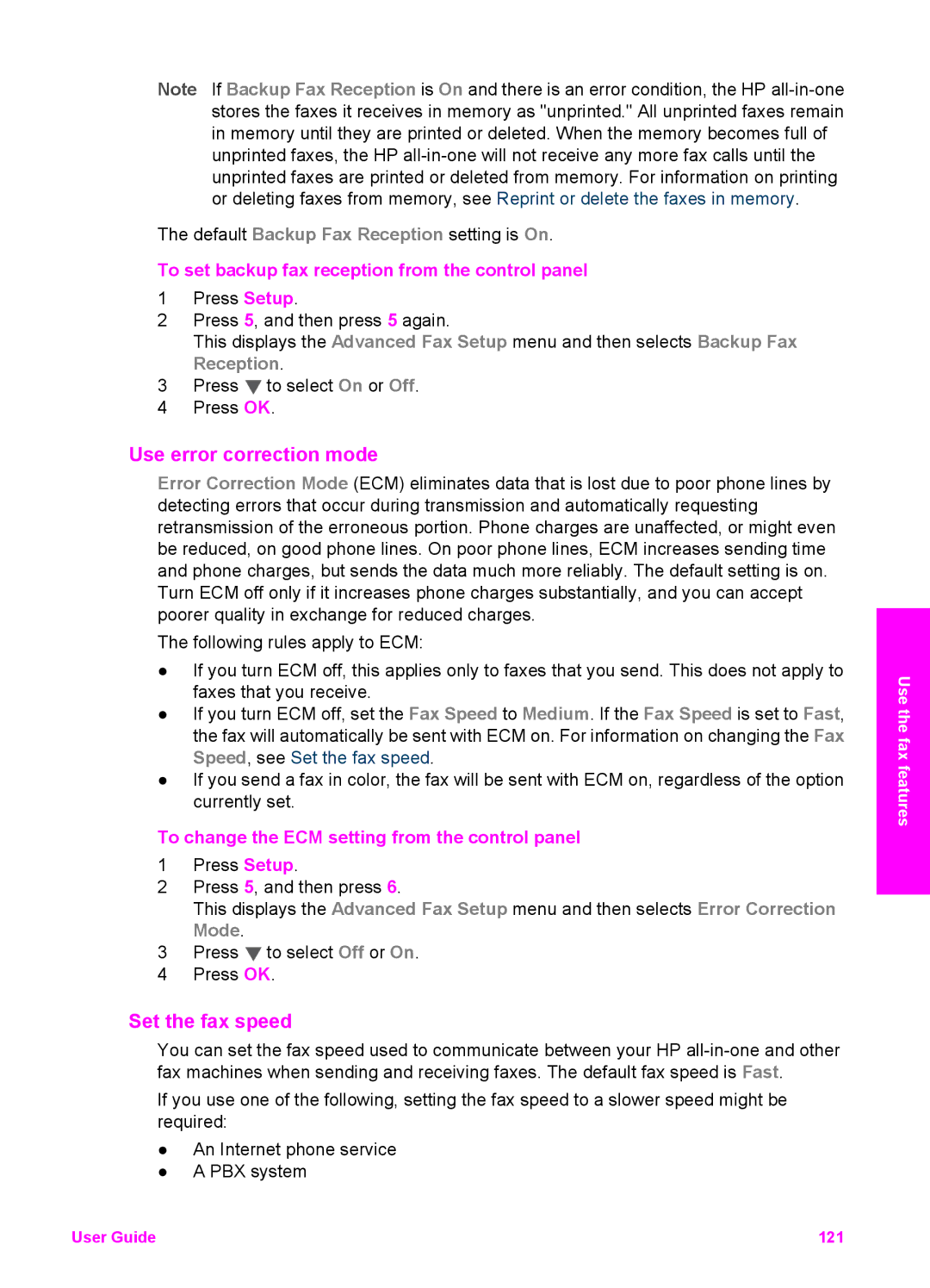 HP 7410xi, 7310xi manual Use error correction mode, Set the fax speed, To set backup fax reception from the control panel 