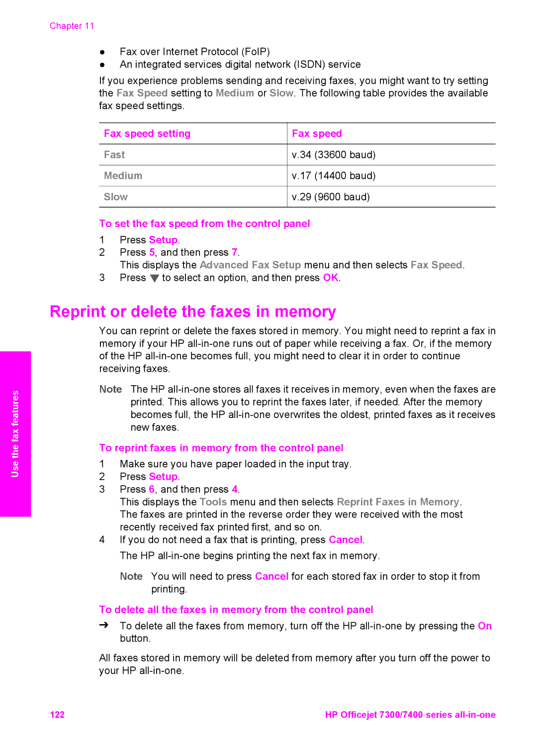 HP 7410xi, 7310xi Reprint or delete the faxes in memory, Fax speed setting, To set the fax speed from the control panel 