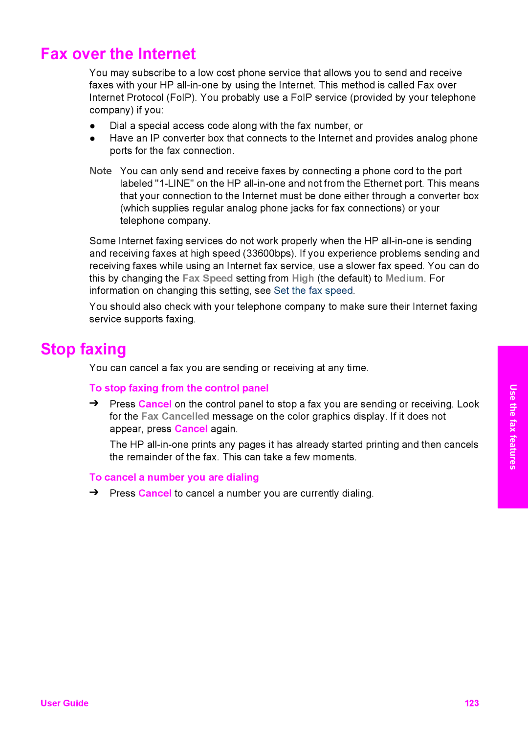 HP 7310xi Fax over the Internet, Stop faxing, To stop faxing from the control panel, To cancel a number you are dialing 