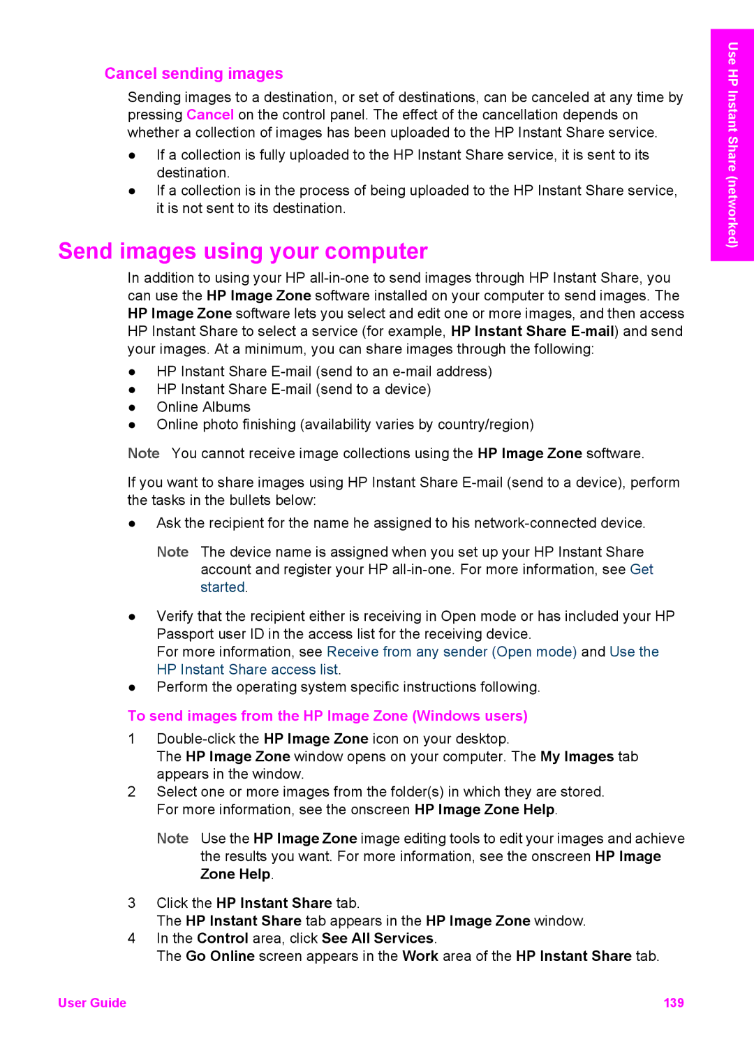 HP 7310xi, 7410xi manual Cancel sending images, To send images from the HP Image Zone Windows users 