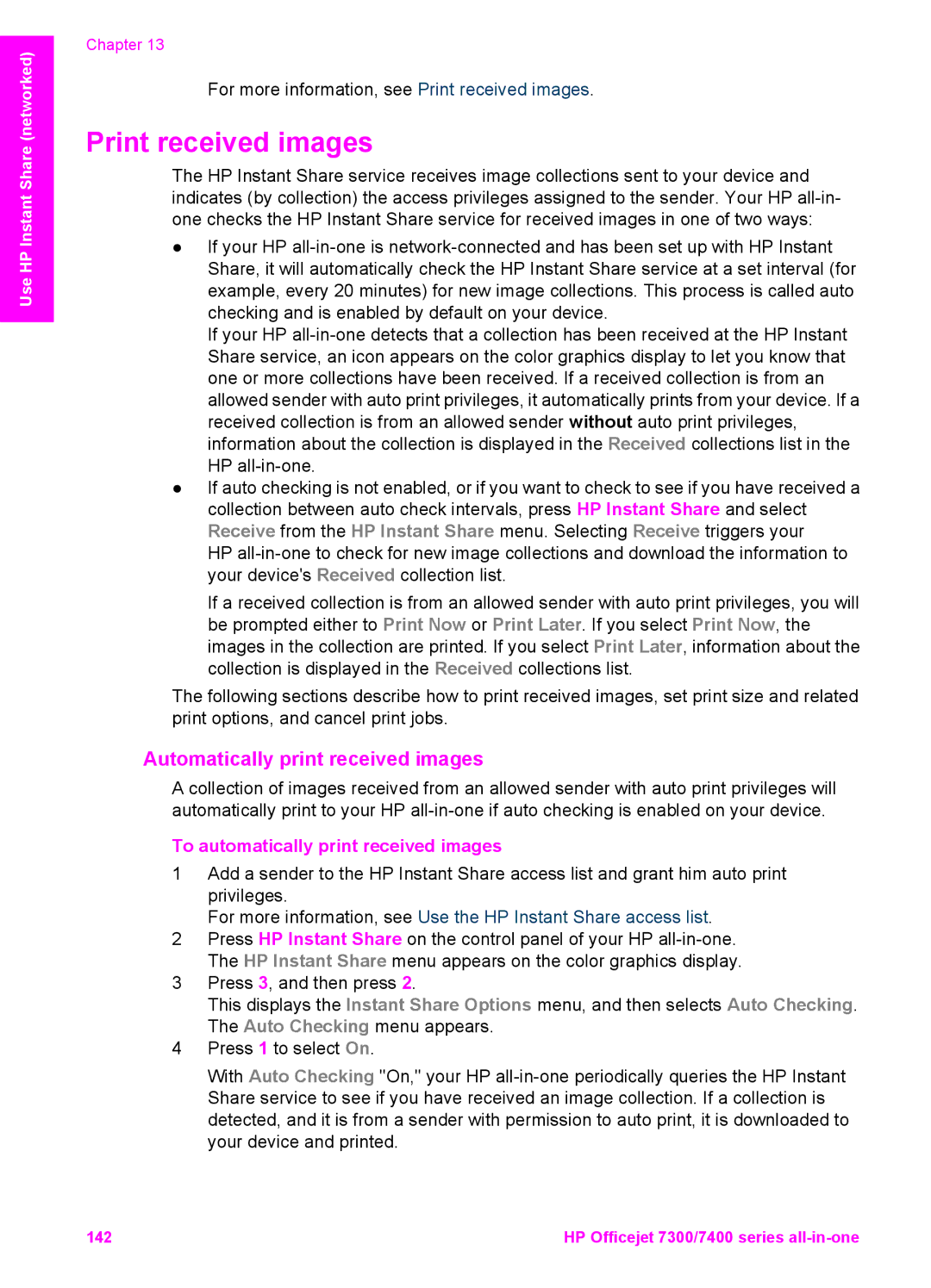 HP 7410xi, 7310xi manual Print received images, Automatically print received images, To automatically print received images 