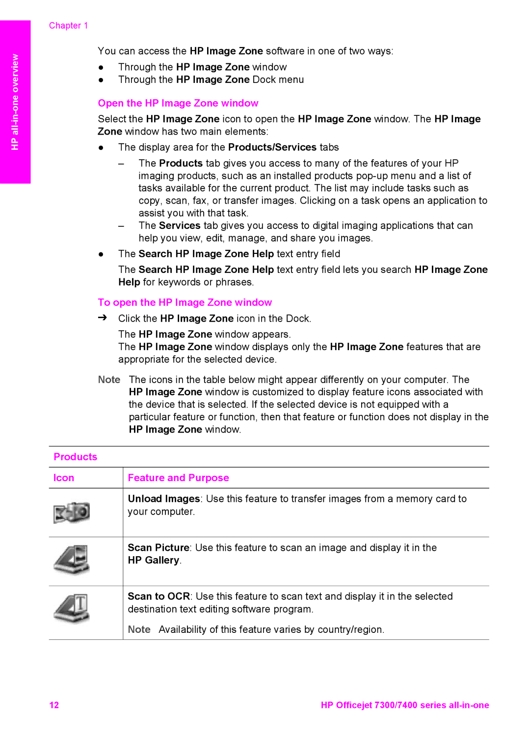 HP 7310, 7410xi manual Open the HP Image Zone window, To open the HP Image Zone window, Products Icon Feature and Purpose 