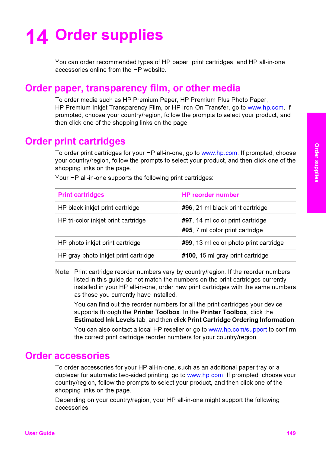 HP 7410xi Order supplies, Order paper, transparency film, or other media, Order print cartridges, Order accessories 