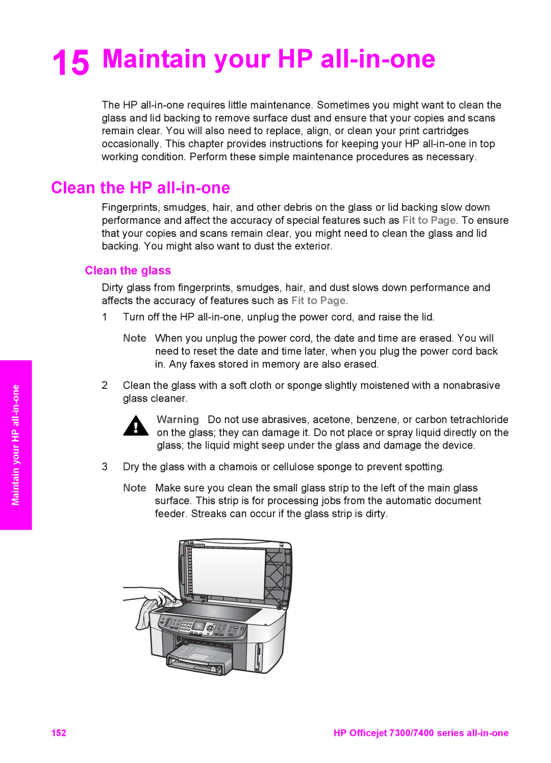 HP 7410xi, 7310xi manual Maintain your HP all-in-one, Clean the HP all-in-one, Clean the glass 