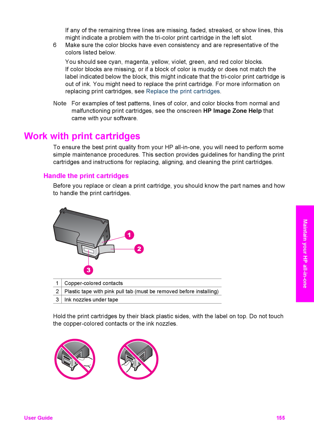 HP 7310xi, 7410xi manual Work with print cartridges, Handle the print cartridges 