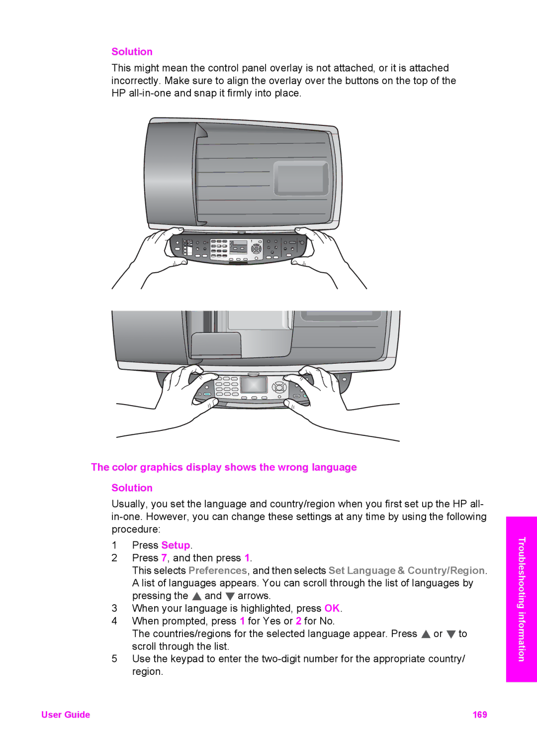 HP 7410xi, 7310xi manual Color graphics display shows the wrong language Solution 