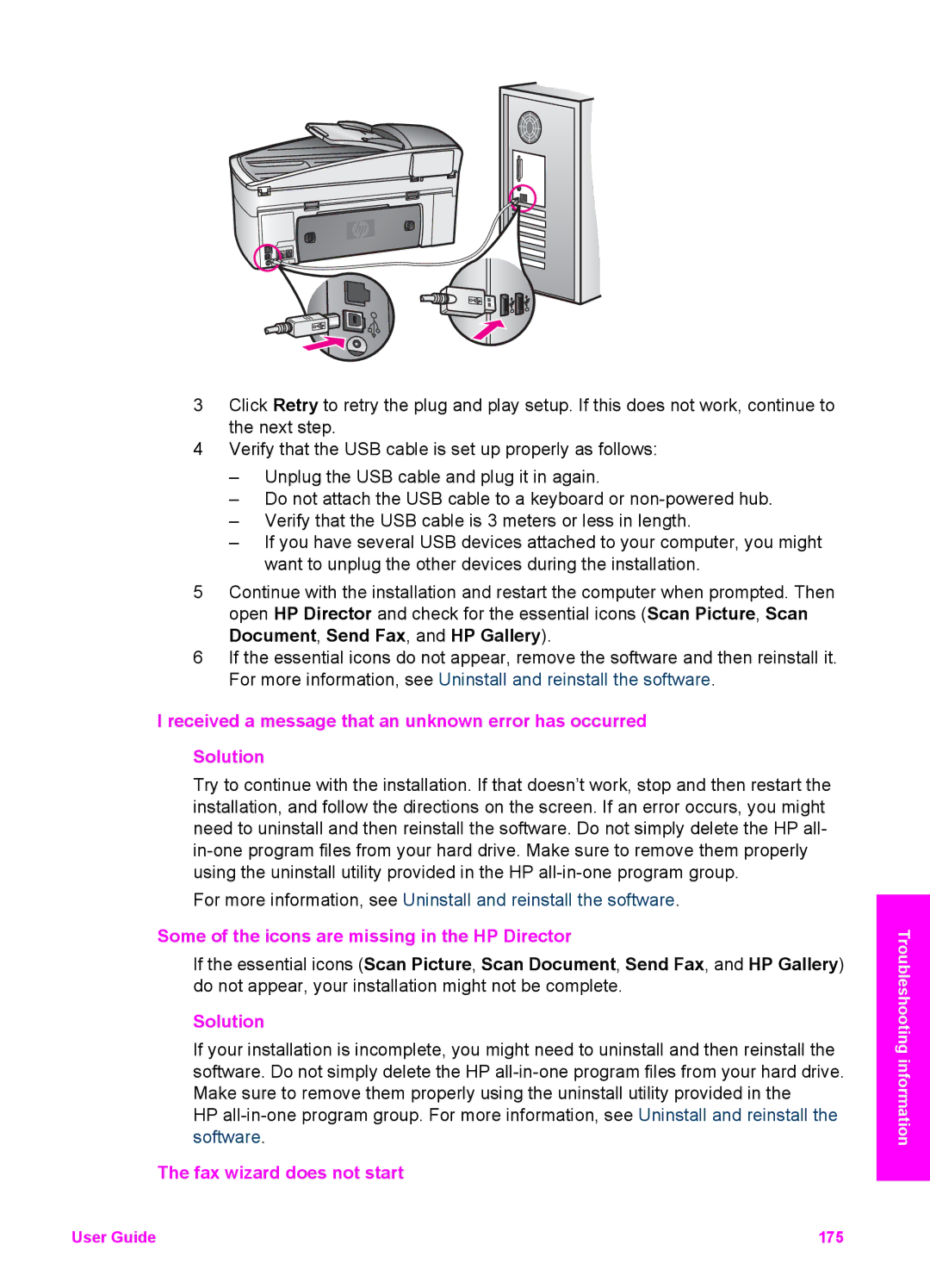 HP 7310xi, 7410xi manual Some of the icons are missing in the HP Director, Fax wizard does not start 