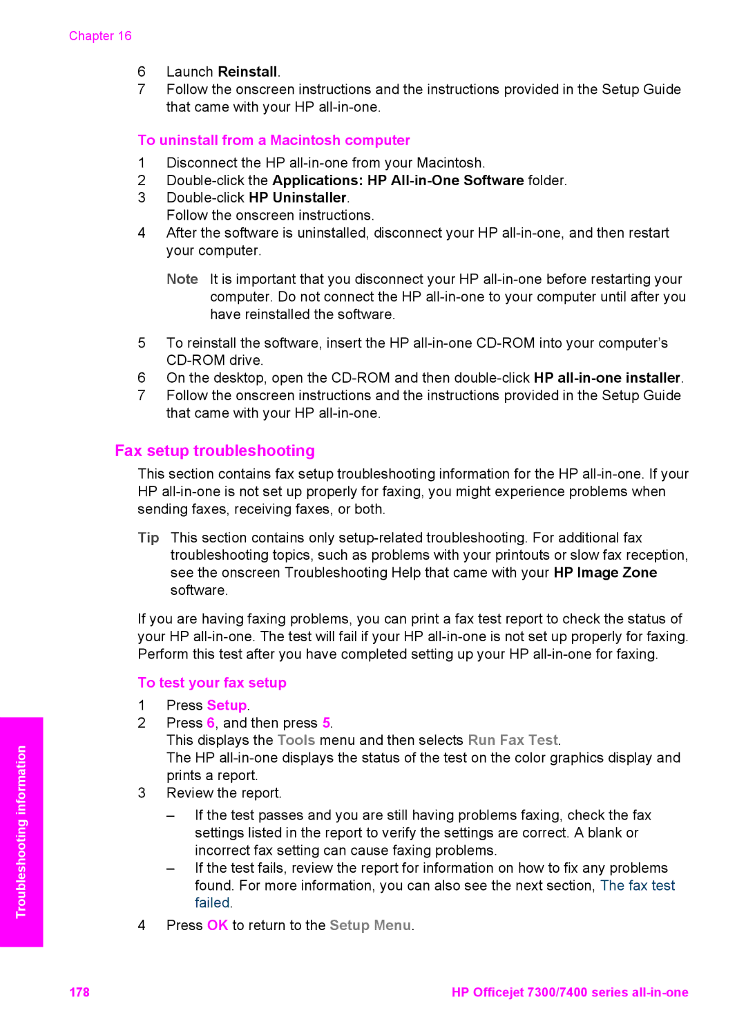 HP 7410xi, 7310xi manual Fax setup troubleshooting, To uninstall from a Macintosh computer, To test your fax setup 