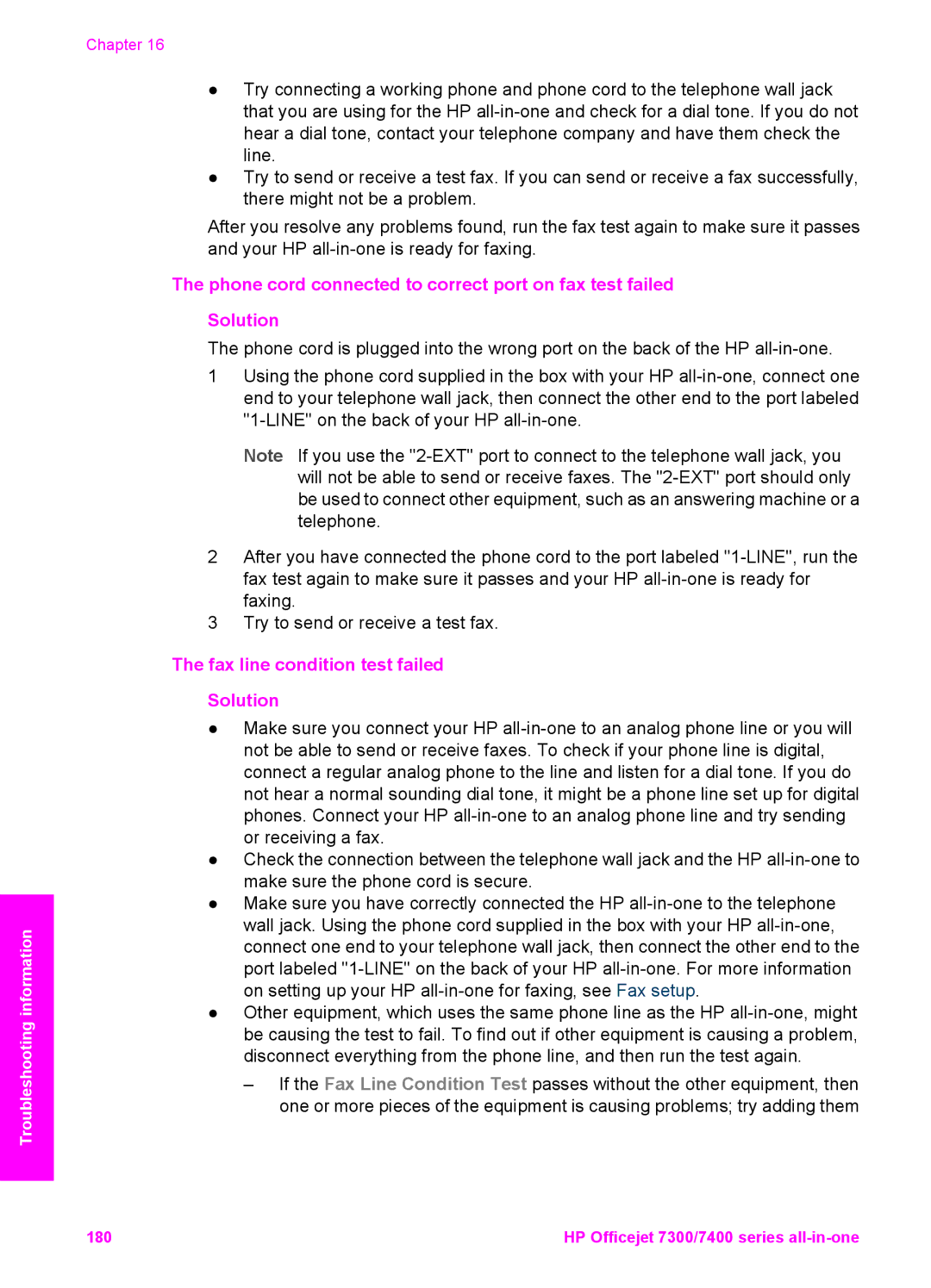 HP 7410xi, 7310xi manual Fax line condition test failed Solution 