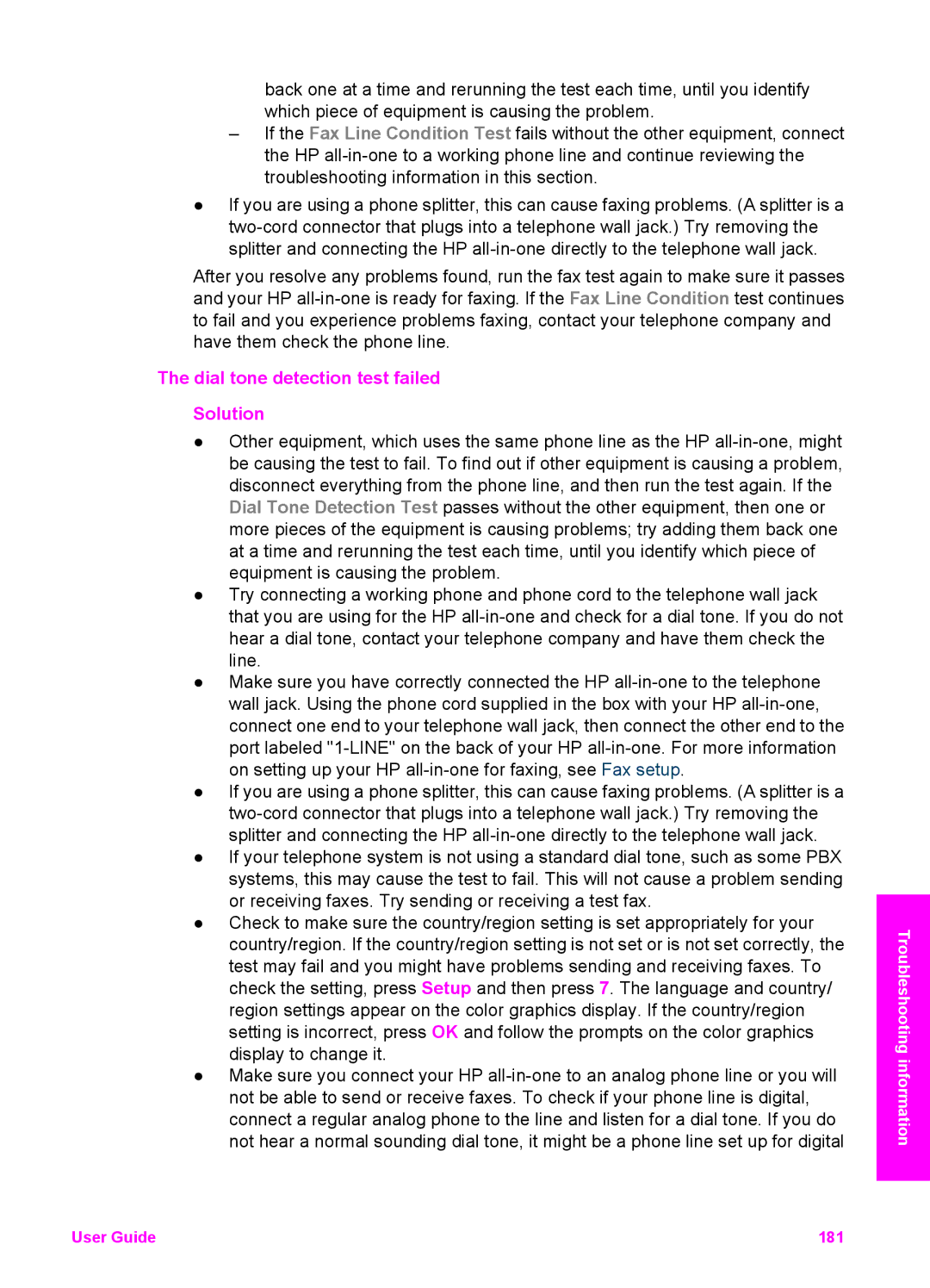 HP 7410xi, 7310xi manual Dial tone detection test failed Solution 
