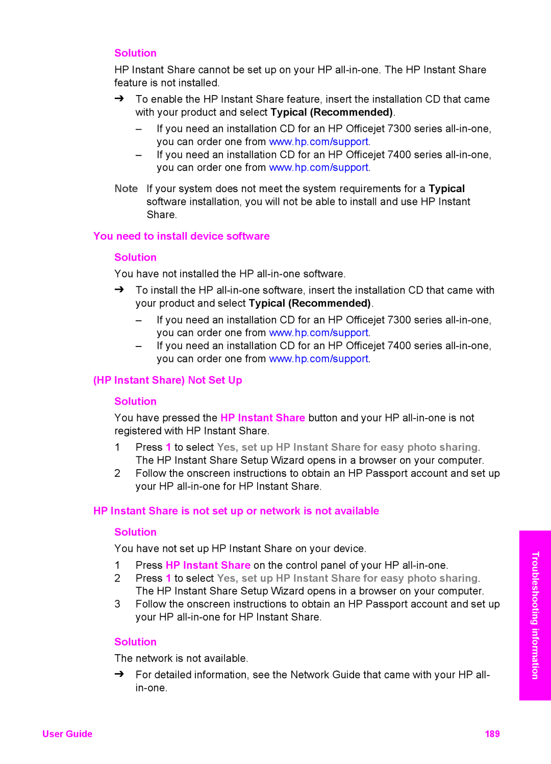 HP 7410xi, 7310xi manual You need to install device software Solution, HP Instant Share Not Set Up Solution 