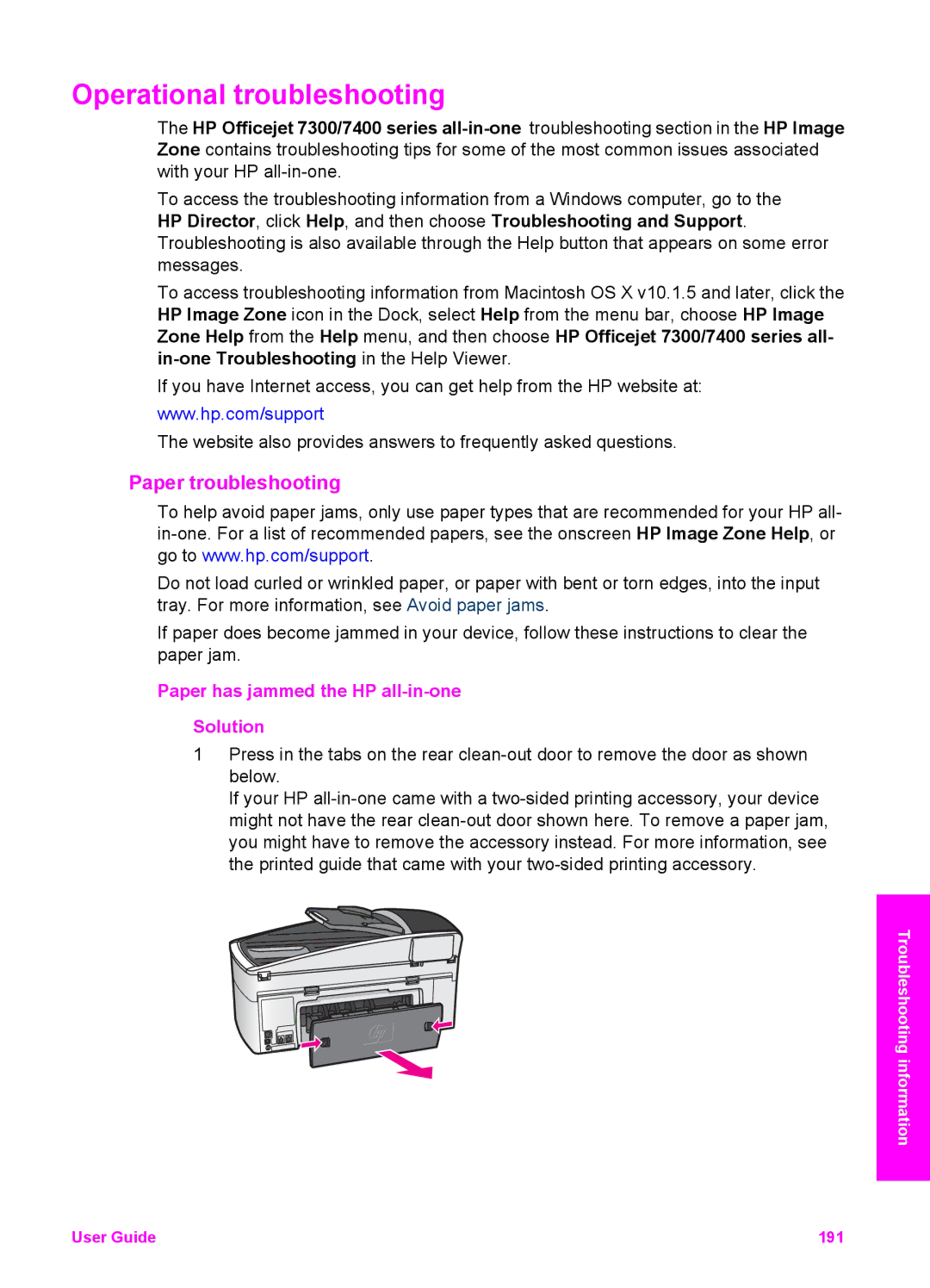 HP 7310xi, 7410xi manual Operational troubleshooting, Paper troubleshooting, Paper has jammed the HP all-in-one Solution 