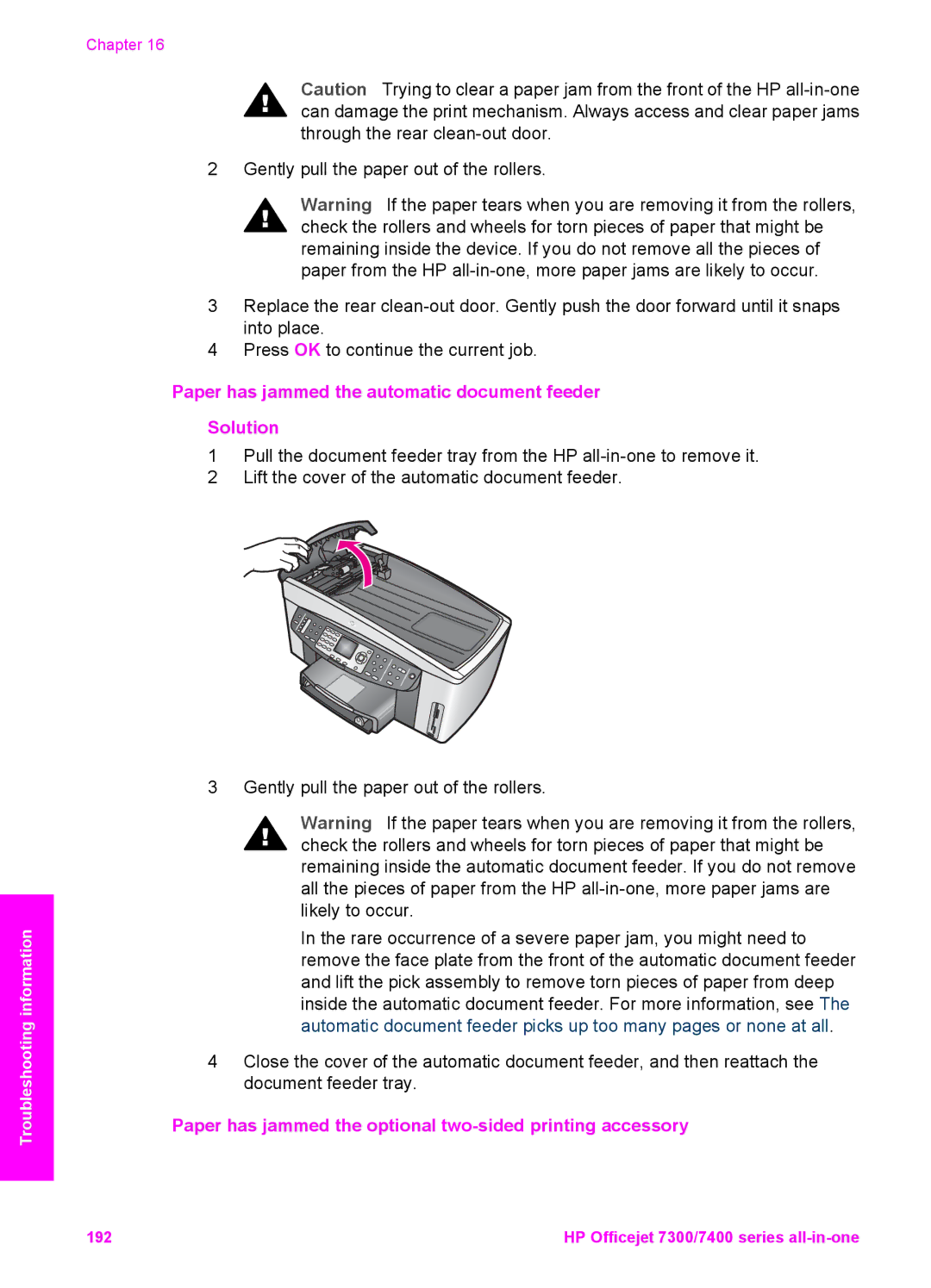 HP 7410xi, 7310xi manual Paper has jammed the automatic document feeder Solution 