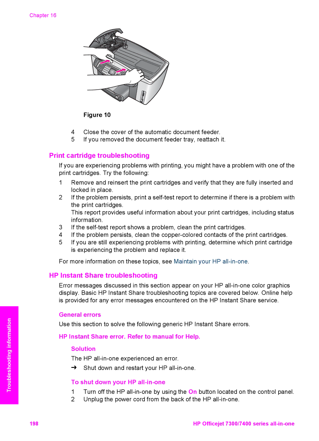 HP 7410xi, 7310xi manual Print cartridge troubleshooting, HP Instant Share troubleshooting, General errors 