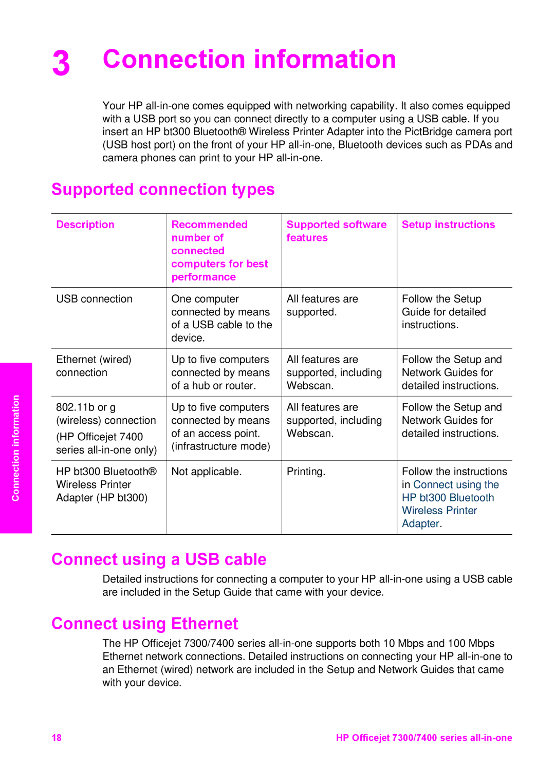 HP 7410xi, 7310xi Connection information, Supported connection types, Connect using a USB cable, Connect using Ethernet 