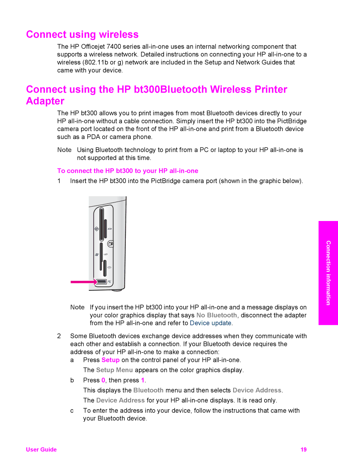 HP 7310xi, 7410xi manual Connect using wireless, To connect the HP bt300 to your HP all-in-one 