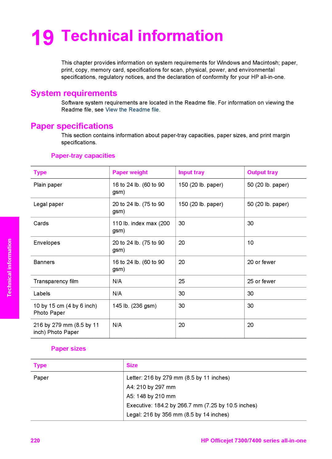 HP 7410xi, 7310xi manual Technical information, Paper-tray capacities, Paper sizes 