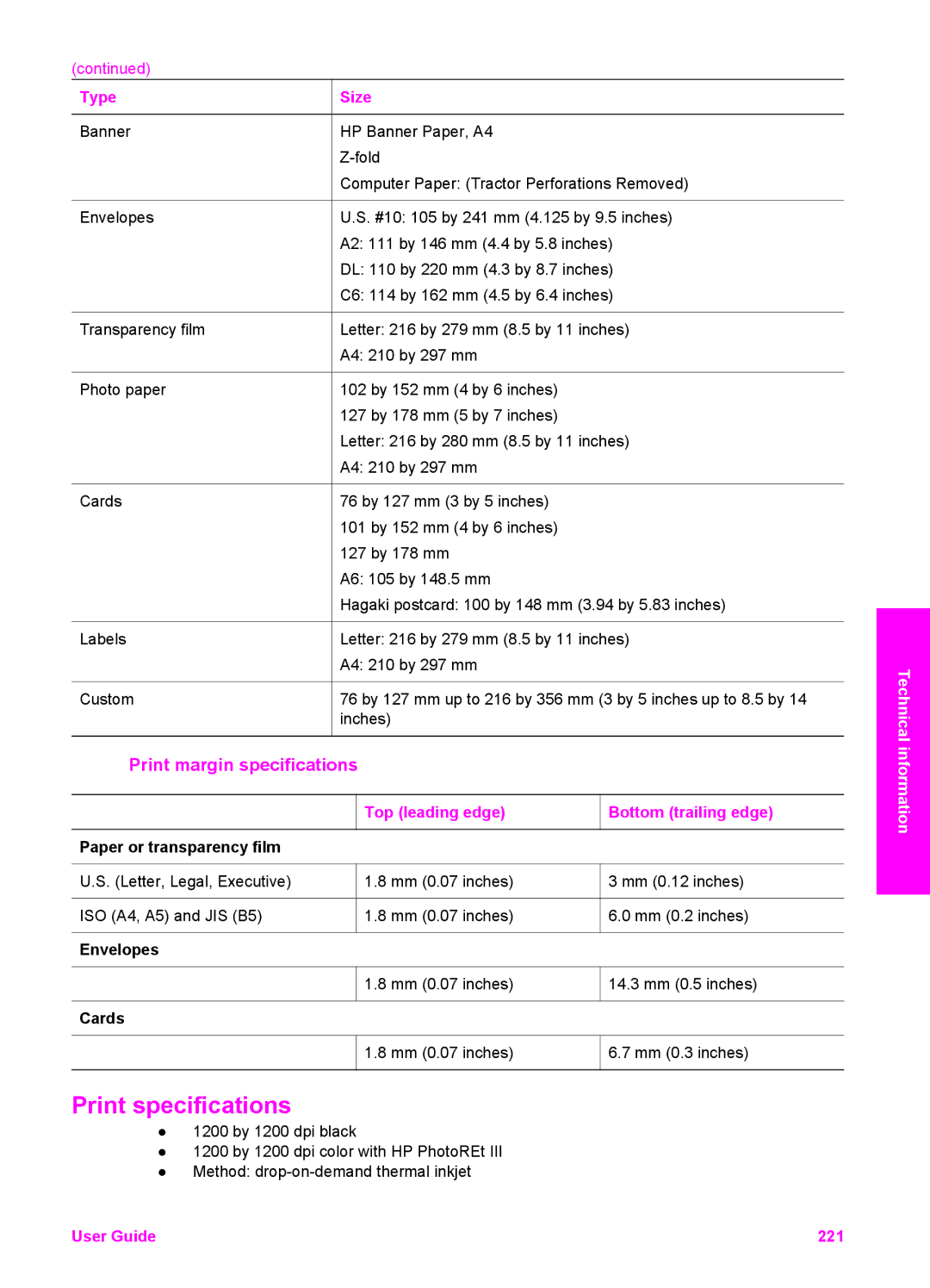 HP 7410xi, 7310xi manual Print margin specifications, Top leading edge 