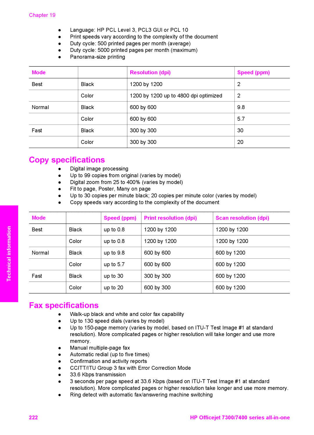 HP 7410xi, 7310xi manual Copy specifications 