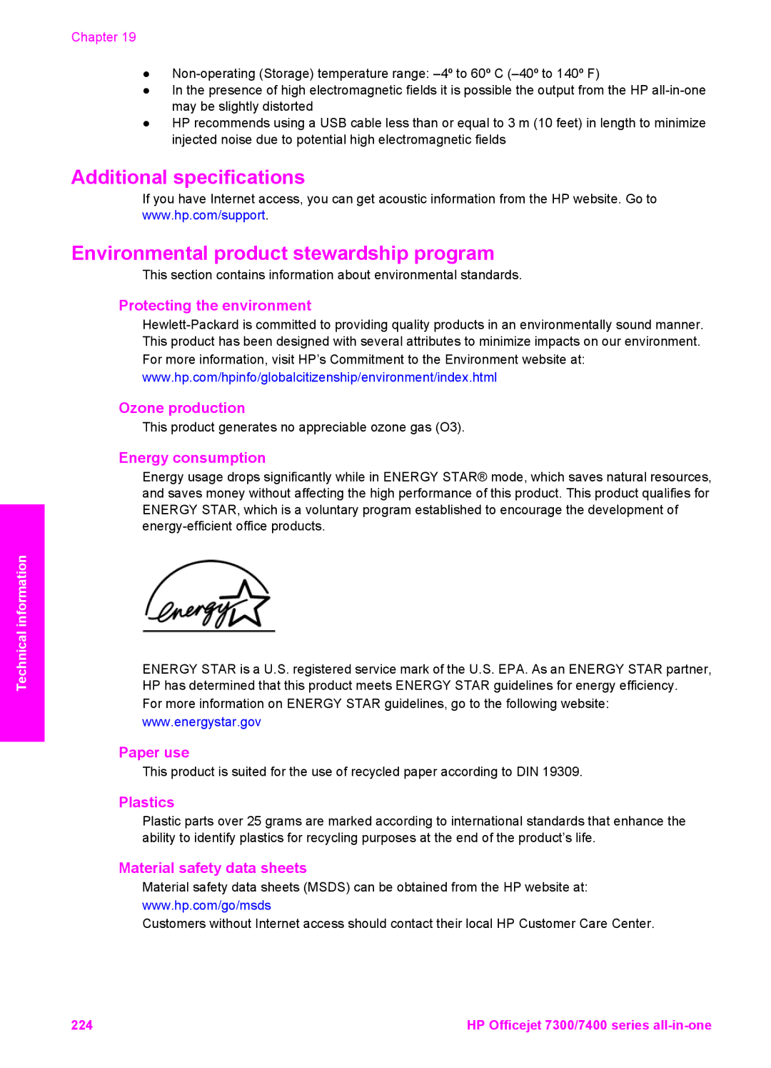 HP 7310 Protecting the environment Ozone production, Energy consumption, Paper use, Plastics, Material safety data sheets 