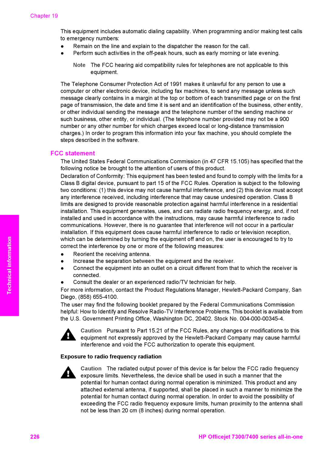 HP 7410xi, 7310xi manual FCC statement, Exposure to radio frequency radiation 