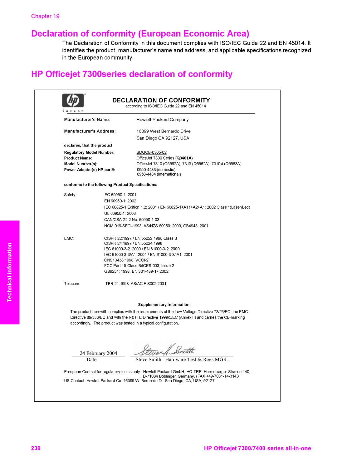 HP 7410xi, 7310xi manual Declaration of conformity European Economic Area 