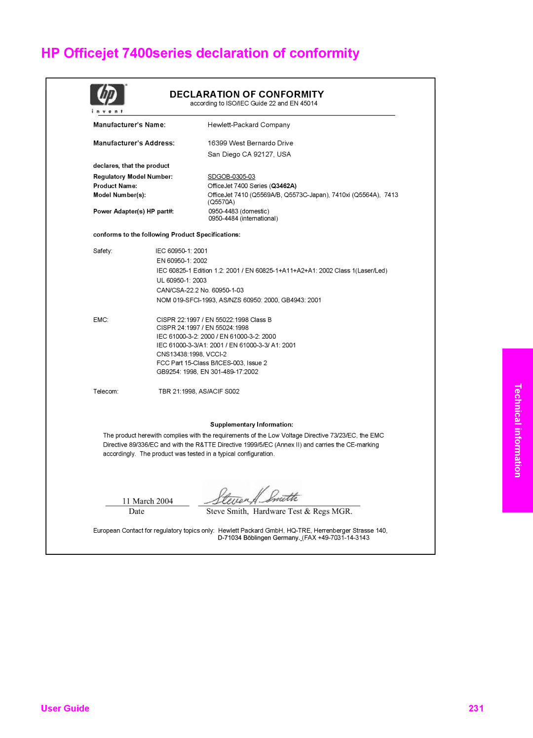 HP 7310xi, 7410xi manual HP Officejet 7400series declaration of conformity 