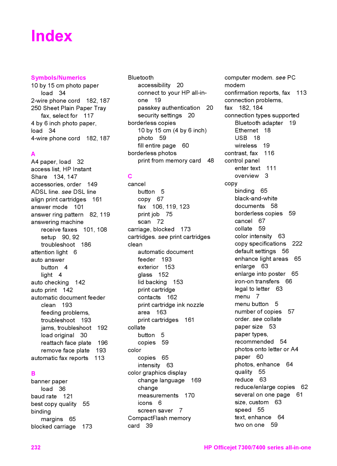 HP 7410xi, 7310xi manual Index, Symbols/Numerics 